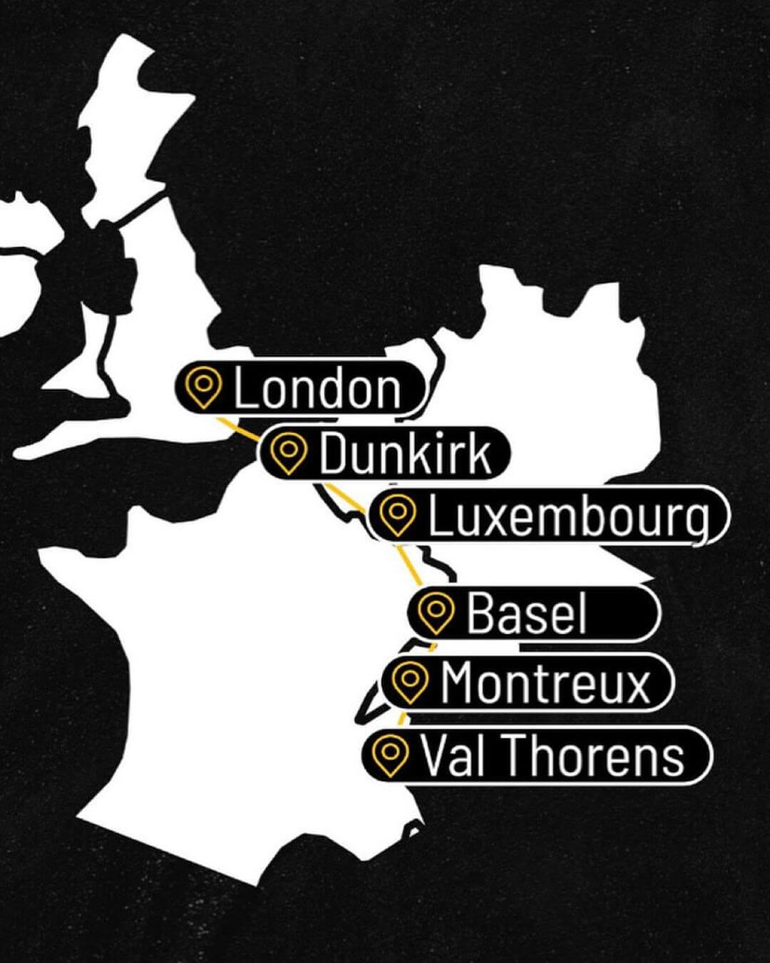 Route map showing the walking path from London to Val Thorens, marked with stops in Dunkirk, Luxembourg, Basel, and Montreux, created for the King of the Hill snow camp fundraising campaign.