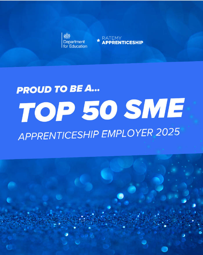 Bold blue graphic with sparkling texture and light bokeh effect, featuring the logos for the Department for Education and RateMyApprenticeship. Large white text reads "Proud to be a... Top 50 SME Apprenticeship Employer 2025," celebrating recognition for excellence in apprenticeship programs.