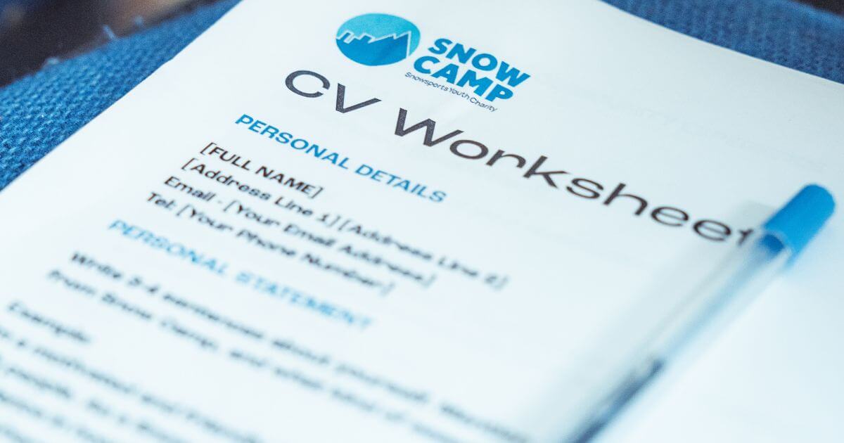 A close-up of a “CV Worksheet” from Snow Camp with sections for personal details and a personal statement, showing the focus on employability skills.