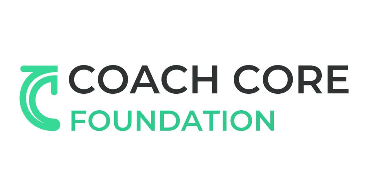Coach Core Foundation logo featuring a stylized green "C" shaped arrow symbol followed by bold black text "Coach Core" and green text "Foundation" underneath, set on a white background.