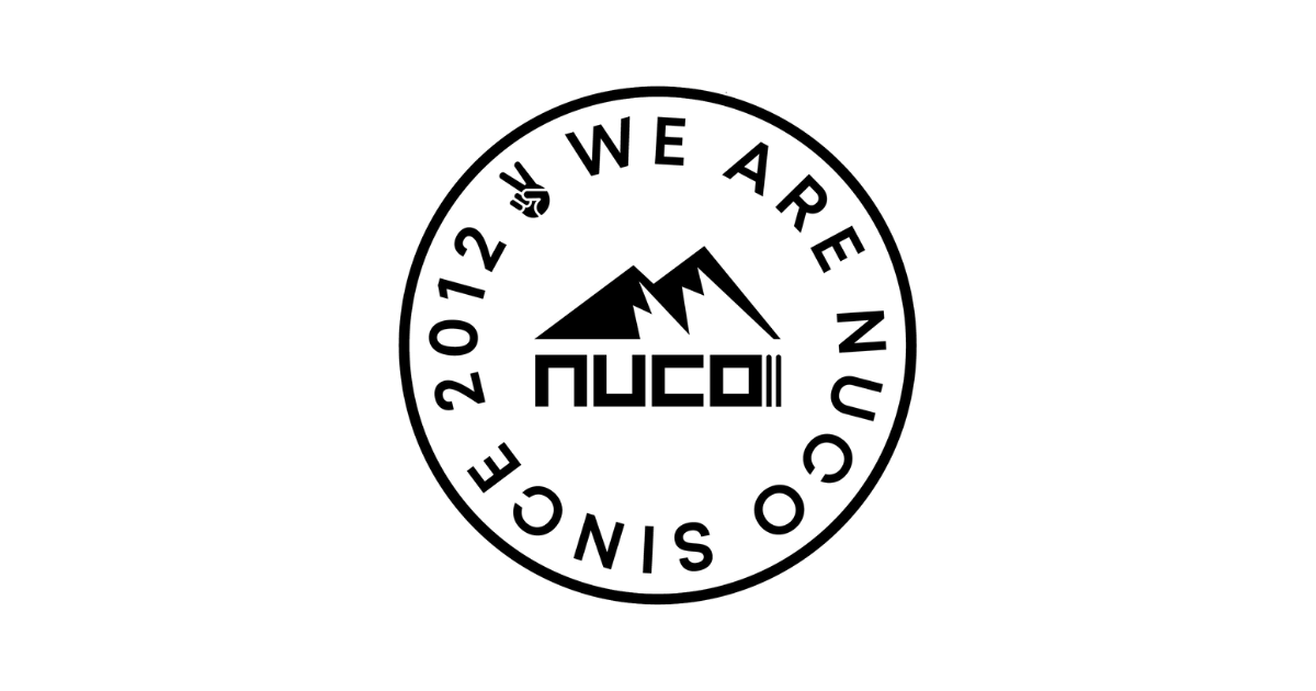 Black-and-white circular NUCO logo reading “We Are NUCO Since 2012” with a peace sign and mountain graphic in the center. Visual branding for NUCO’s identity, now aligned with Snow Camp’s youth empowerment mission.